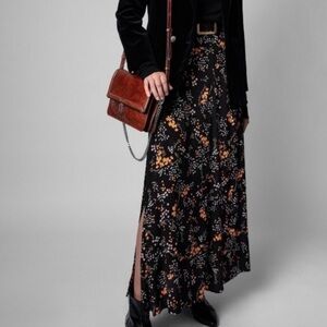 Zadig & Voltaire Judith Spark Flowers Ditsy Floral Logo Midi Skirt Slit Black XS